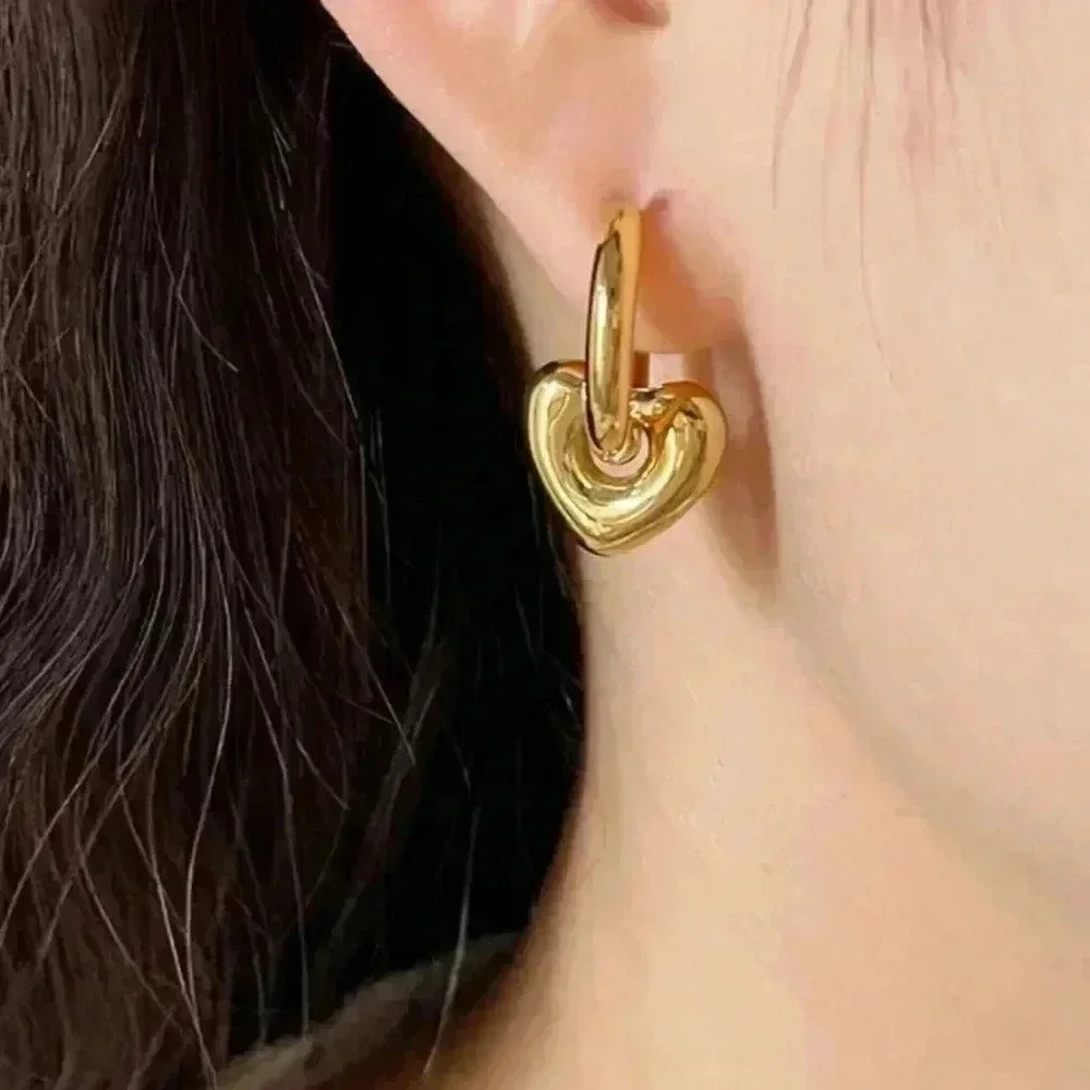 Gold Bubble Heart Charm Dangle Huggie Hoop Earrings - Picture 1 of 5